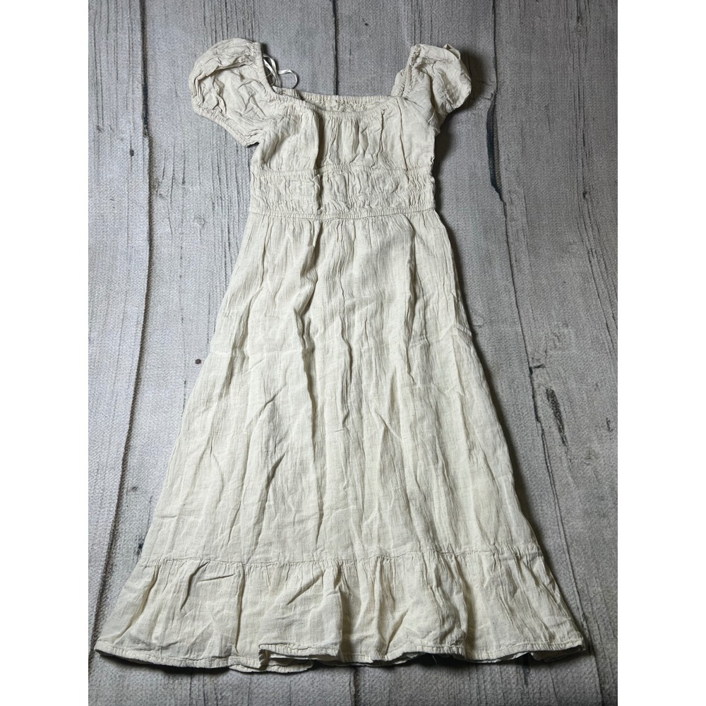 Sim & Sam Midi Dress Womens Medium Beige Cottagecore Boho Milkmaid Smocked